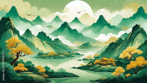 Abstract Mountain Landscape in Green and Gold Tones  Chinese Style Illustration