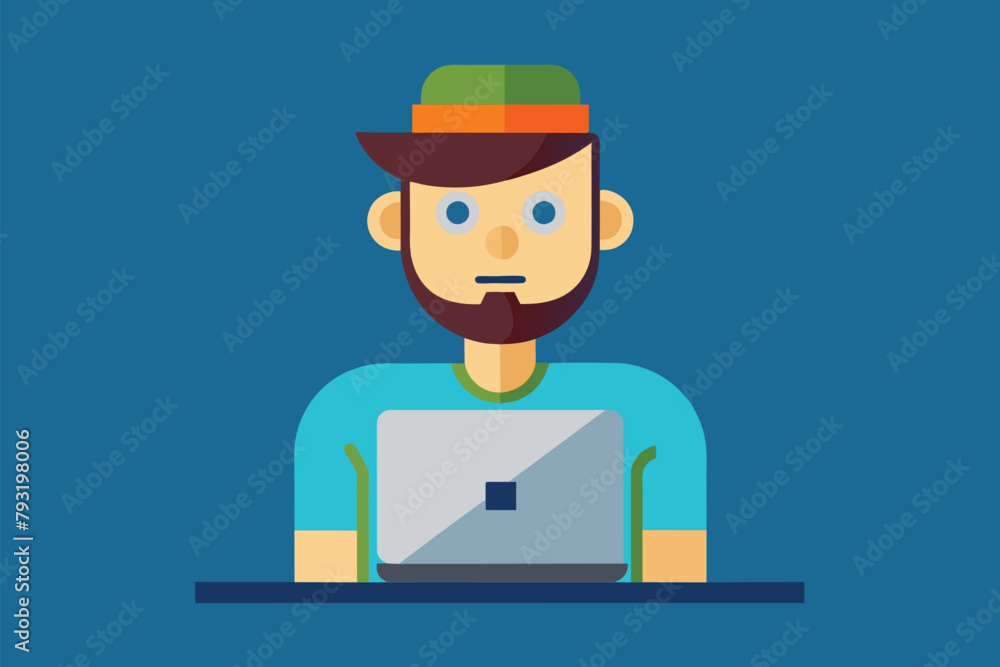 A man with a beard sits in front of a laptop, focusing on work or communication, learn about programmers, Simple and minimalist flat Vector Illustration