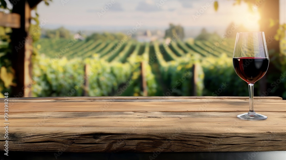 Solitary glass of red wine sitting on a vintage wooden table with a view of a vibrant vineyard during sunset