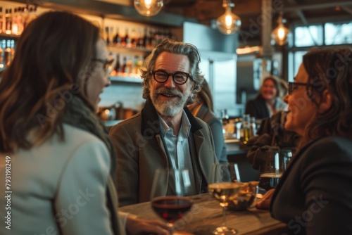 Group of friends having dinner together in a pub. Cheerful senior man and women talking and drinking wine.