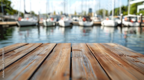 Blurred background of boats at a peaceful marina with a clear sky, focusing on a wooden deck in close-up