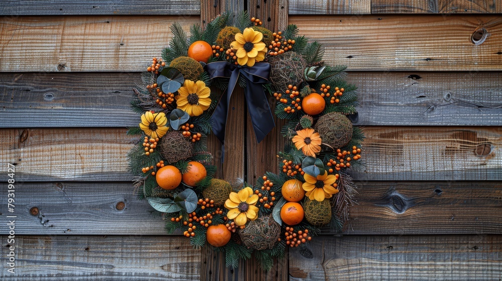   A wooden door bears a hangable wreath, adorned with oranges and flowers A black bow graces its front