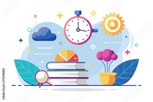 A stack of books is placed next to a clock, symbolizing time management and education, learning intelligence with fast time, Simple and minimalist flat Vector Illustration