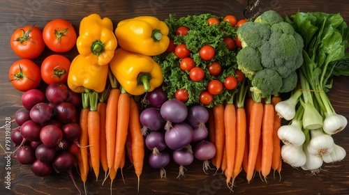 Colorful array of fresh organic vegetables neatly arranged on a dark wooden surface  showcasing healthy ingredients for nutritious cooking