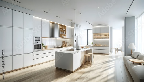 modern kitchen, designed to be exceptionally simple and bright. This layout provides a clear view of the kitchen's features, including the white cabinetry and light wood tones photo