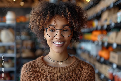 A woman with curly hair and glasses is smiling at the camera. She is wearing a brown sweater and a necklace