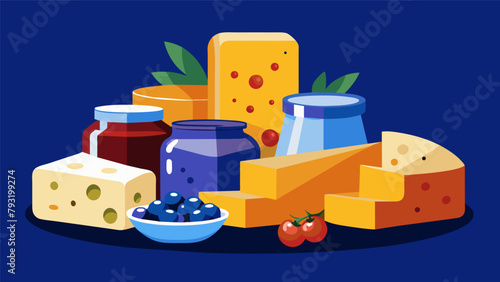 A gourmet assortment of sharp and bold cheeses such as crumbly feta tangy blue cheese and aged cheddar served alongside a selection of sweet and y.