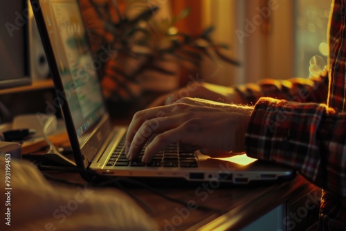 Work Laptop. Man Typing on Laptop Computer Keyboard Closeup