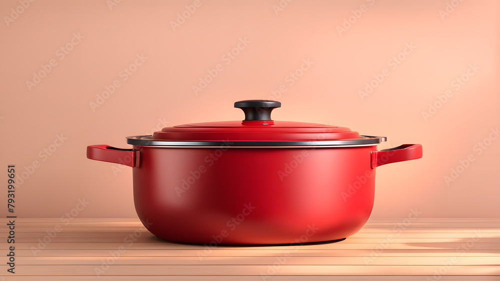 A red pot sits on a wooden table A red pot sits on a wooden table