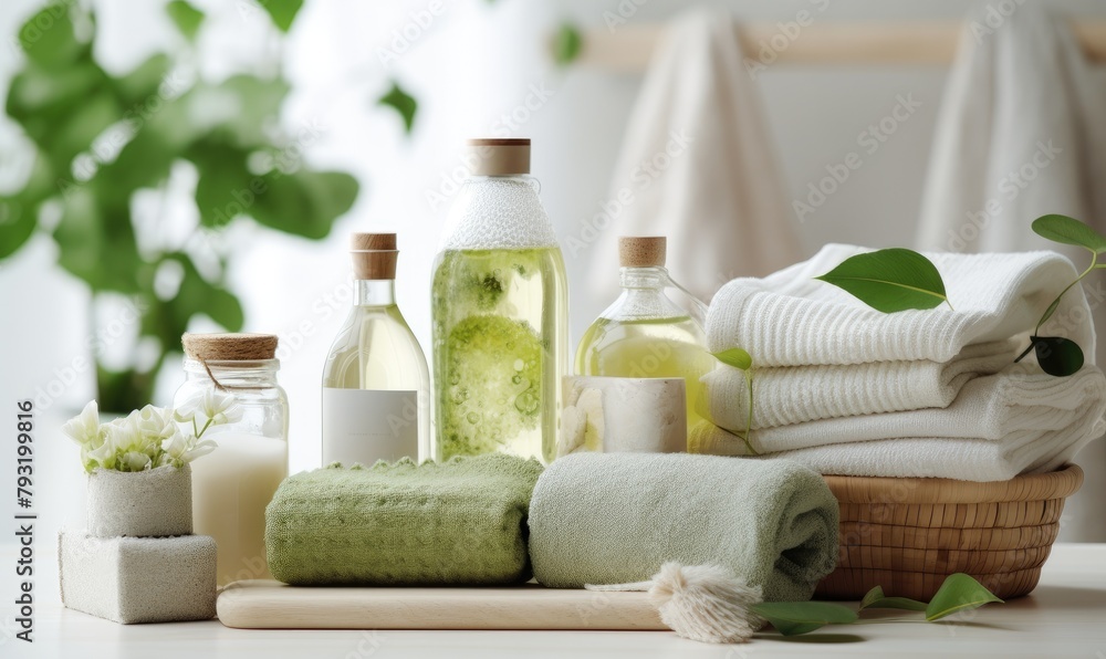 Eco-friendly washing. Bottles with natural detergent and cleaning supplies Eco-friendly washing. Bottles with natural detergent and cleaning supplies