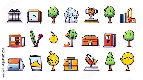 A collection of brightly colored flat icons showcasing a variety of everyday items and urban elements photo