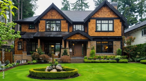 Wood Home. Traditional Luxury House with Stained Cedar Wood Siding and Beautiful Garden © AIGen