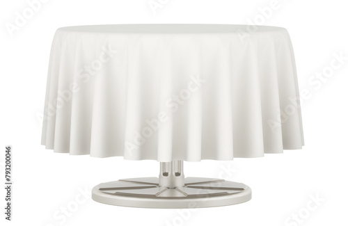 Round table with white table cloth. 3D rendering isolated on transparent background