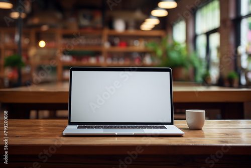 Cafe Workspace: Blank Screen Laptop Mockup © ERiK