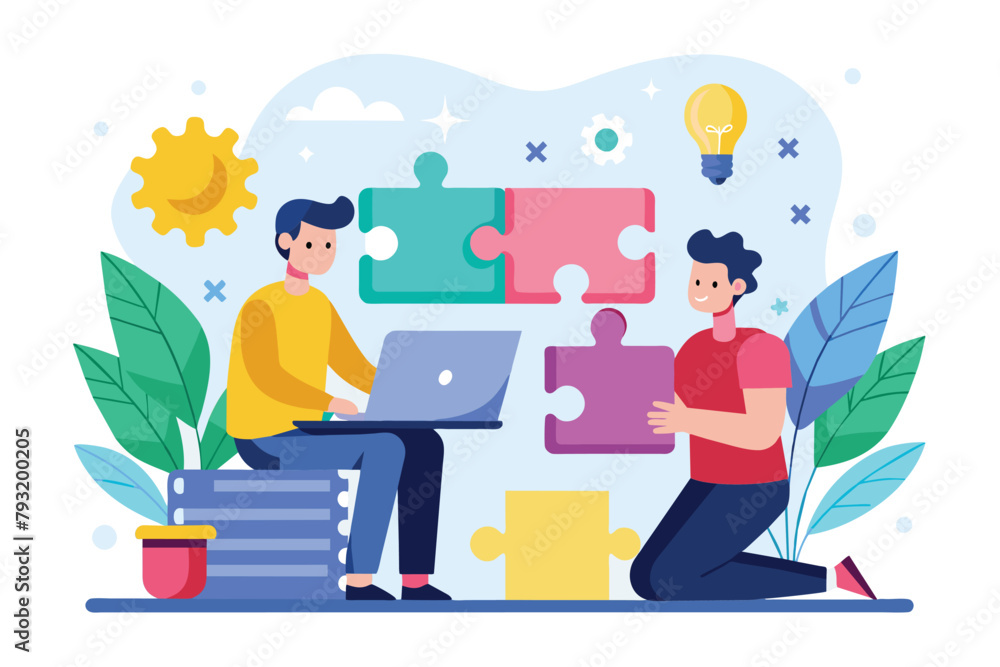 Two individuals seated on a large pile of puzzle pieces, learn to solve puzzles onlinelearn to solve puzzles online, Simple and minimalist flat Vector Illustration