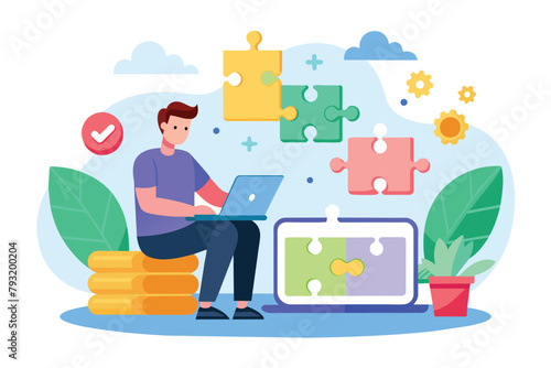 A man is seated atop a large stack of shiny gold coins, surrounded by wealth, learn to solve puzzles onlinelearn to solve puzzles online, Simple and minimalist flat Vector Illustration
