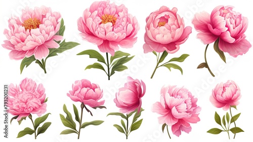 A collection depicting variations of peonies in full bloom  showcasing intricate botanical details