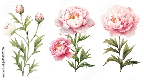 Refined botanical art featuring detailed studies of peonies and buds at various growth stages