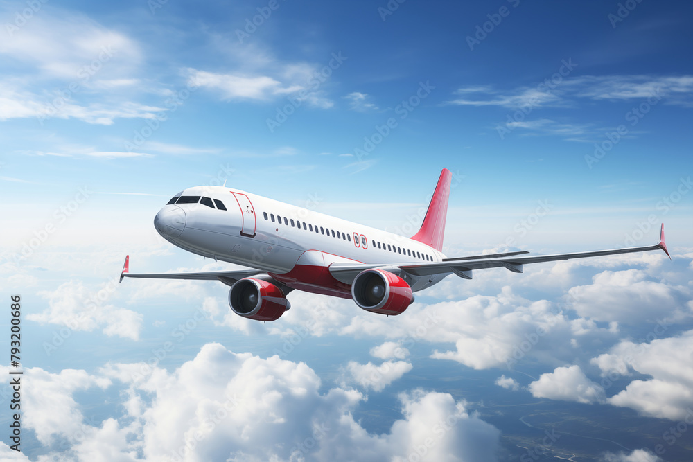 Airplane in the blue sky. Background with selective focus and copy space