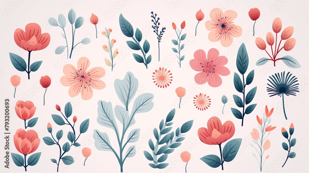 A collection of botanical illustrations featuring flowers and leaves in soft pastel hues, suitable for elegant designs
