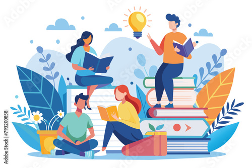 A group of individuals seated on a stack of books, Literacy reading books trending, Simple and minimalist flat Vector Illustration