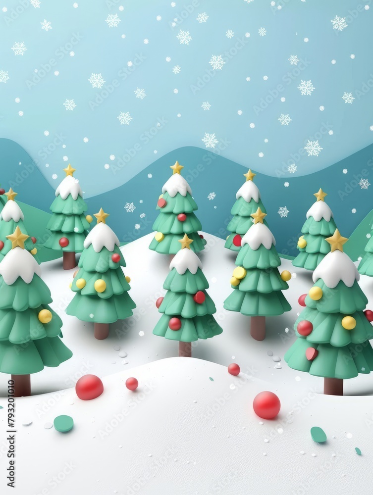 3d cartoon christmas trees and snow.