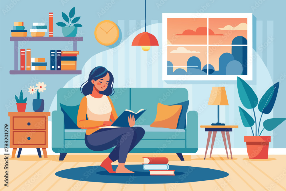 Fototapeta premium A woman is seated on a couch, engrossed in reading a book, Living room interior woman sitting relaxing and studying, Simple and minimalist flat Vector Illustration