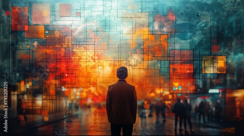 Businessman Overlooking City with Digital Interface