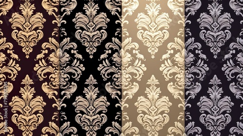 Seamless damask designs featuring traditional motifs in a diverse range of colors for an elegant appearance