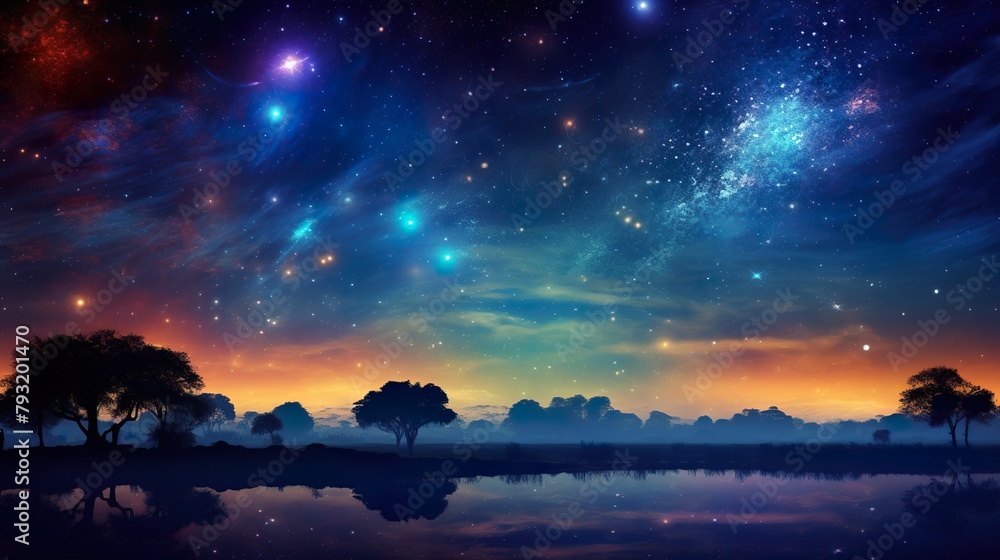 An otherworldly nightscape showing a star-studded sky looming over a peaceful landscape reflected in water