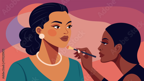 The makeup artist carefully contours the face using highend bronzer to sculpt and define the features for a gl Hollywoodinspired makeup look..