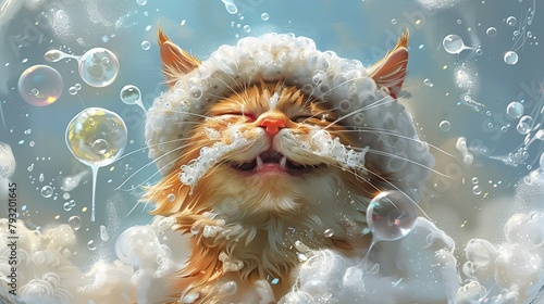 caricature of a singing happy cat with a shower cap soaps itself with a sponge