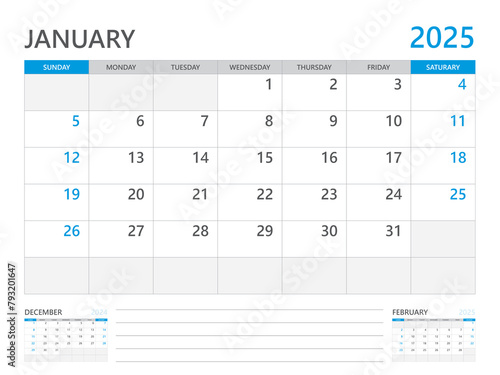 January 2025 year, Calendar planner 2025 and Set of 12 Months, week start on Sunday. Desk calendar 2025 design, simple and clean design, Wall calendar, Corporate design planner template vector