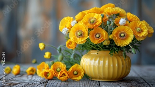   A yellow vase, brimming with sunny yellow blooms, rests atop a weathered wooden table Nearby sit additional yellow and white blossoms
