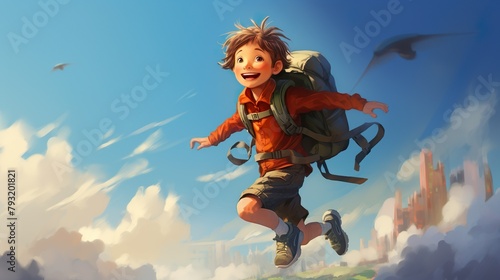 Animated image of a cheerful boy with a backpack running towards a sunny cityscape