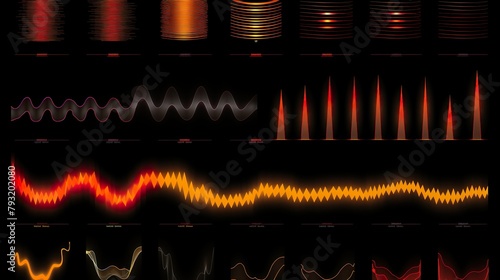 A collection of monochromatic and colored sound waves depicting audio frequency and amplitude variations