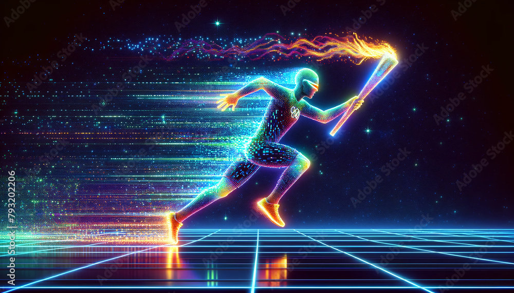 holographic athlete runs with the Olympic flame on a space background