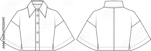 oversize short sleeve collared buttoned crop cropped denim jean shirt top template technical drawing flat sketch cad mockup fashion woman design style model
