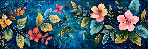 A vibrant painting of flowers and leaves on a blue and green background, depicting a cozy and tranquil atmosphere. #793202454