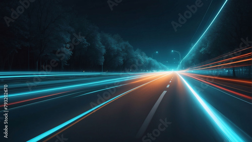 Blazing Speed on Night Avenue. Cyan Light and Stripes Moving Swiftly over Dark Background.