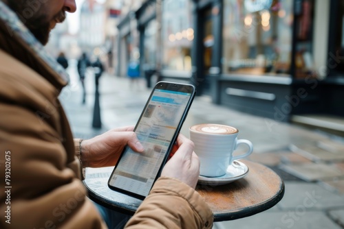 Politician browsing online news on smartphone while enjoying morning coffee at a streetside cafe photo