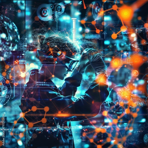 A digital collage visualizing the future of nano-engineering, with abstract human engineers manipulating molecular structures, surrounded by holographic displays.