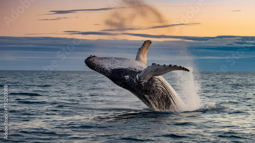 Baleine à bosse faisant un saut Au dessus de la mer à la Lumière du soir photo