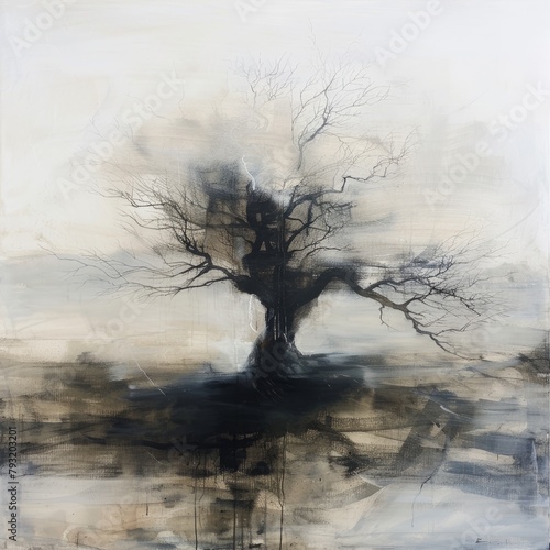 A tree is depicted in a painting with a dark background