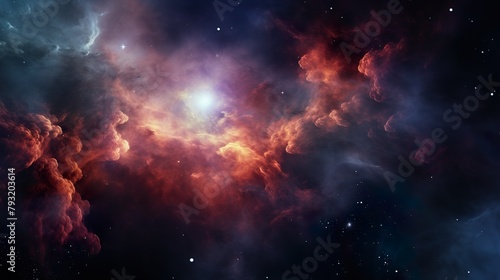 An expansive space scene with vivid reds and blues  resembling a glowing nebula with a bright central light
