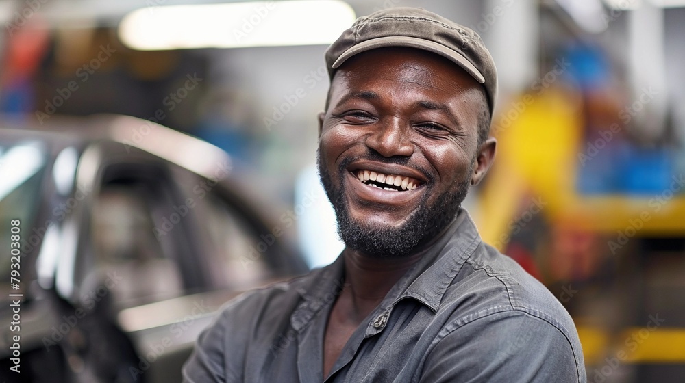 Black smiling car mechanic