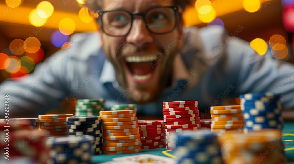 Ecstatic gambler celebrating victory at casino