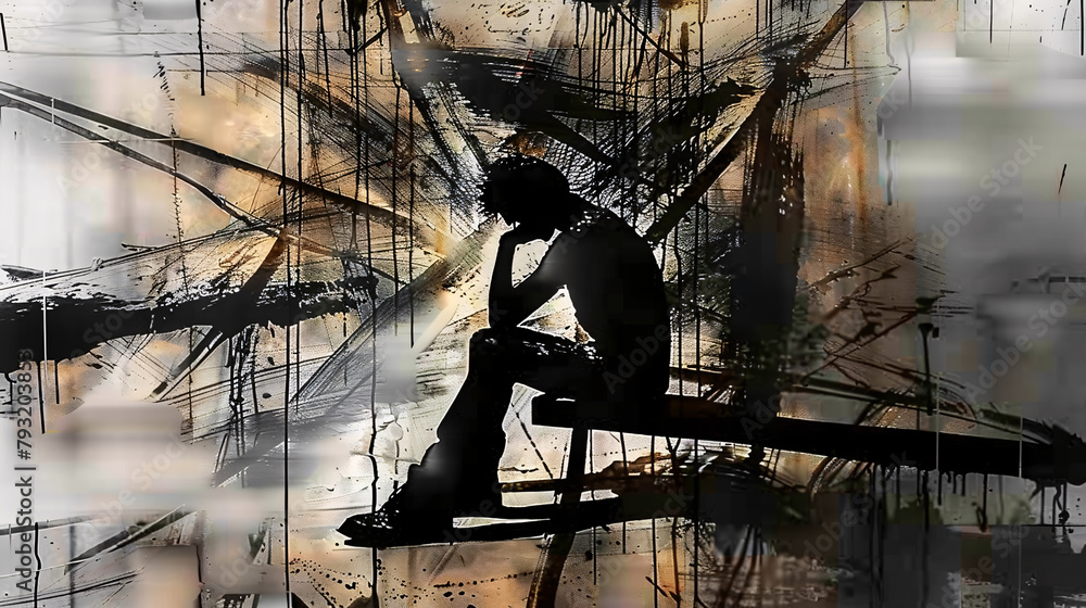 Abstract Silhouette Expression of Solitude, Despair and depression shadowy figures in a contemplative pose, shrouded within an abstract environment of textured strokes and splatters, evoking a sense o Abstract Silhouette Expression of Solitude, Despair and depression shadowy figures in a contemplative pose, shrouded within an abstract environment of textured strokes and splatters, evoking a sense o