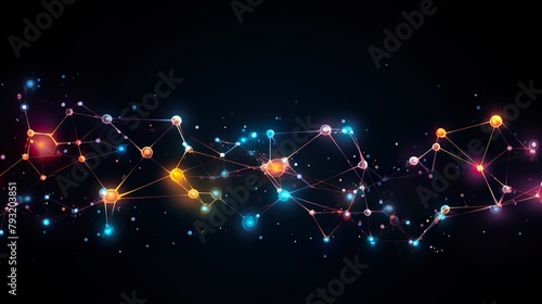An array of vivid, glowing network nodes and connections in various colors against a black background represents dynamic data exchange