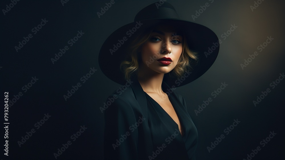 Stylish woman in hat and business suit under moody, dramatic lighting Stylish woman in hat and business suit under moody, dramatic lighting
